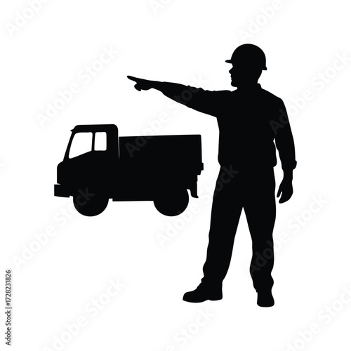 Silhouette of Construction Worker Directing Traffic near Truck on White Background, construction worker guiding truck silhouette vector illustration