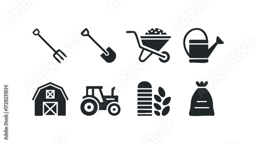 Farm equipment icons including tractor, barn, and tools. Vector hand drawn illustration