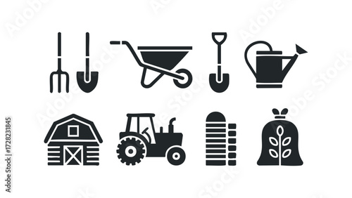 Farm objects tractor barn watering can shovel wheelbarrow and sack. Vector hand drawn illustration