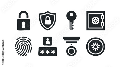 Security icons collection lock shield key safe fingerprint password camera. Vector hand drawn illustration