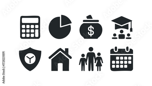 Financial Planning Icons Set for Investment and Security. Vector hand drawn illustration
