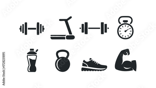 Gym Equipment Icons Set With Dumbbell Treadmill Kettlebell. Vector hand drawn illustration