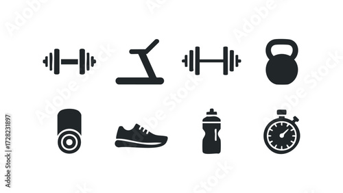 Fitness gym equipment icons collection. Vector hand drawn illustration