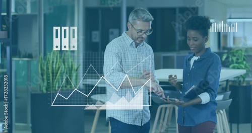 Colleagues tapping tablet growing smartphone icon into cloud turning charts into business workflow