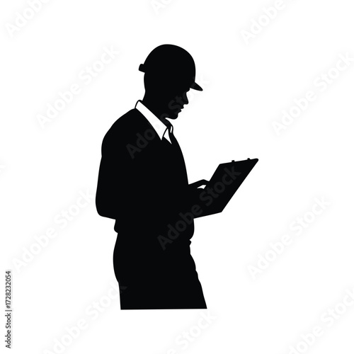 Silhouette of a construction worker inspecting plans on a clipboard at work, construction worker inspecting site silhouette vector illustration