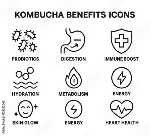 Kombucha benefits icons: probiotics, digestion, immune boost, hydration, metabolism, energy, skin glow, heart health