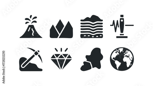 Set of icons depicting geological phenomena and resources. Vector hand drawn illustration
