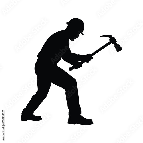 Silhouette of Construction Worker Hammering with Determination and Focused Effort, construction worker using sledgehammer silhouette vector illustration