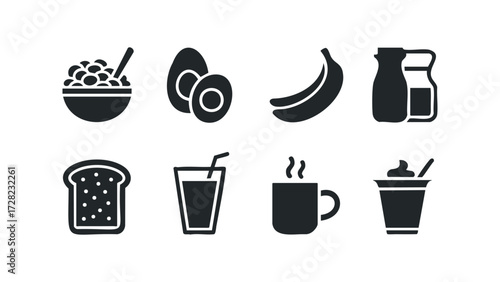 Collection of breakfast food and drink icons. Vector hand drawn illustration