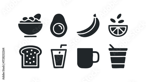 Set of icons depicting healthy food and drinks. Vector hand drawn illustration