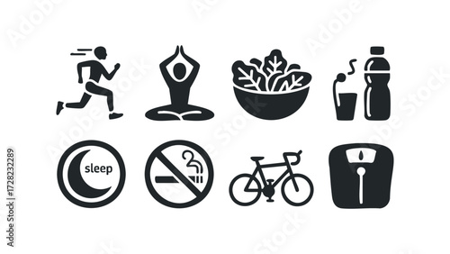 Healthy lifestyle icons set depicting exercise and nutrition. Vector hand drawn illustration