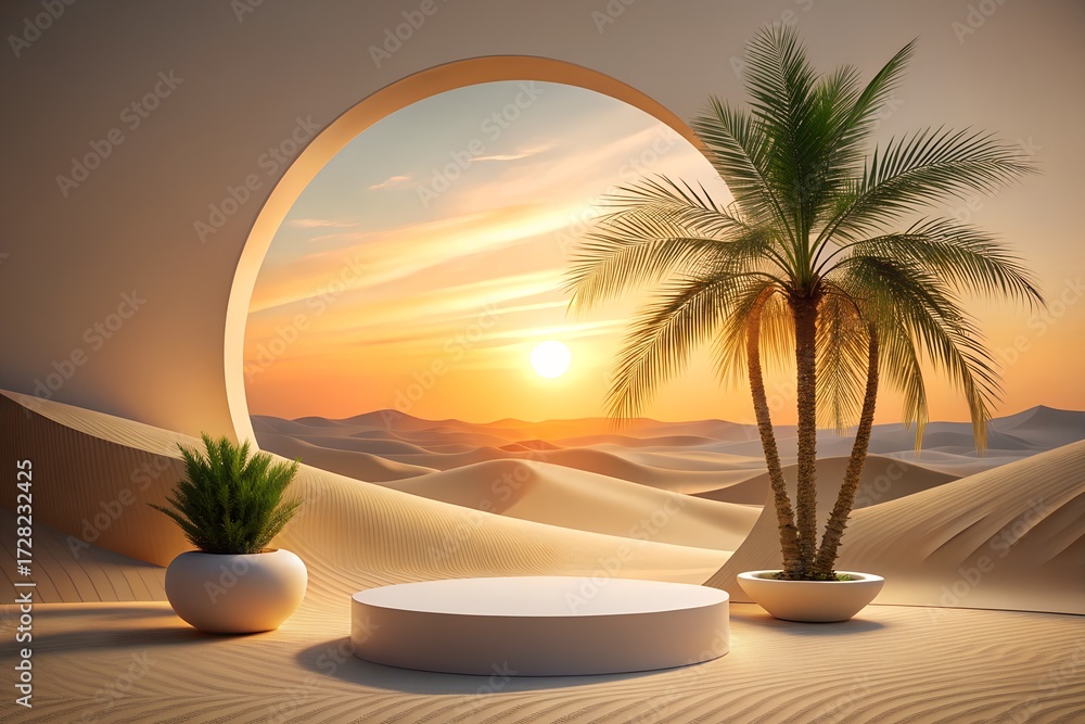 Obraz premium Desert sunset with palm tree and podium for product presentation