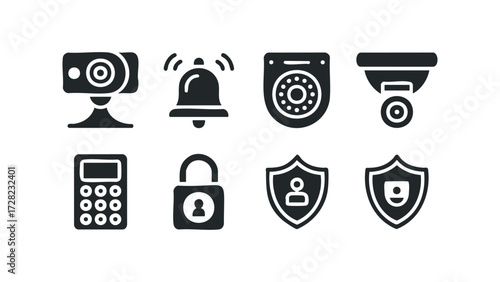 Security icons including cameras, alarm, keypad, and shields. Vector hand drawn illustration