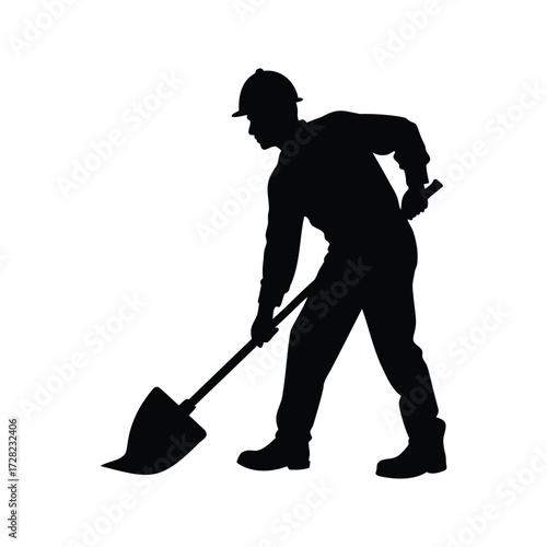 Silhouette of a construction worker digging with a shovel on white background, construction worker with shovel silhouette vector illustration
