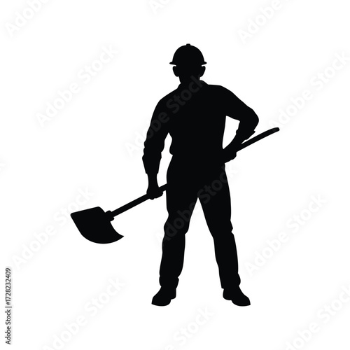 Silhouette of a lumberjack or logger with axe standing confidently, construction worker with shovel silhouette vector illustration