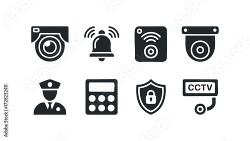 Security icons collection surveillance guard and alarm. Vector hand drawn illustration