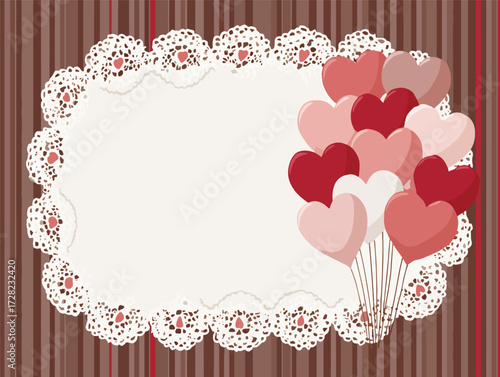 茶色のストライプ背景に、繊細なレースの装飾が施された空白のフレームと、赤やピンクのハート型バルーンが集合した可愛らしいデザイン素材。