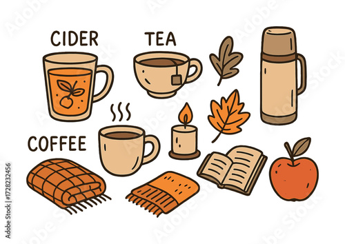 Autumn cozy essentials with cider, tea, coffee mug, candle, blanket, and thermos