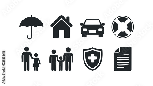 Set of insurance icons including umbrella, house, car, and family. Vector hand drawn illustration