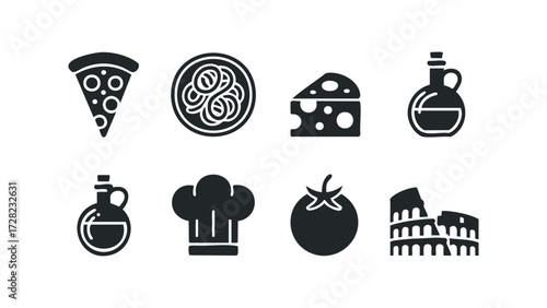 Set of food and drink icons with Italian theme. Vector hand drawn illustration