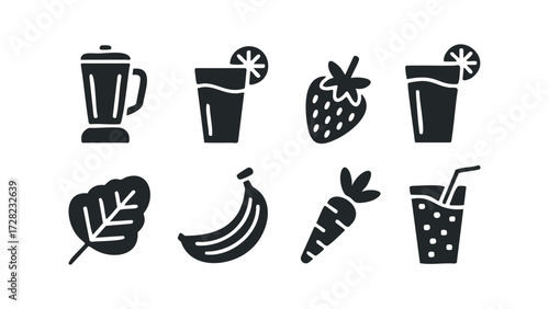 Smoothie ingredients and blender icons for healthy drink preparation. Vector hand drawn illustration