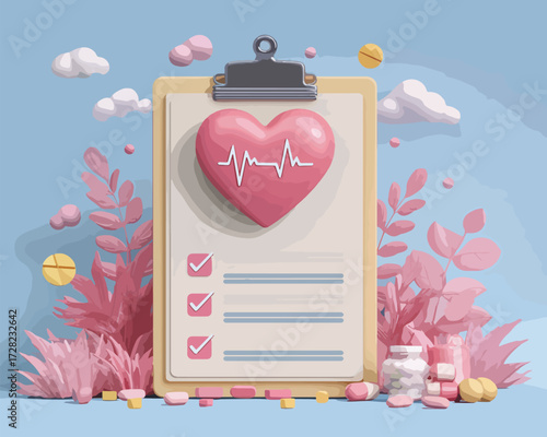 心臓の健康を象徴するピンクのハートが描かれたクリップボードに、チェックリストと薬が配置され、健康管理と予防医療の重要性を示すベクターイラスト。