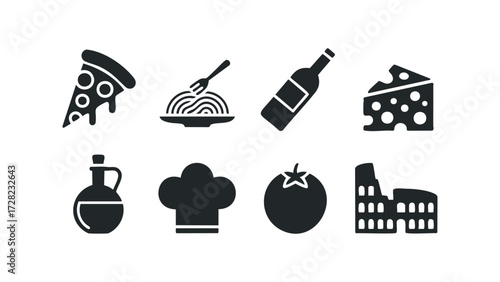 Italian Food and Landmark Icons Collection. Vector hand drawn illustration