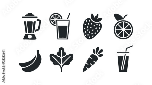 Smoothie ingredients icons blender strawberry banana carrot and drinks. Vector hand drawn illustration