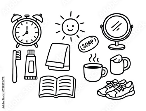 Daily routine essentials: alarm clock, mirror, toothbrush, coffee, shoes, soap, towel, book, sun