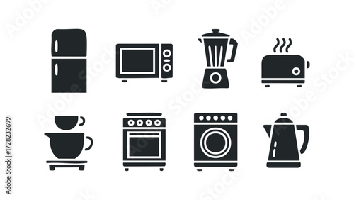 Collection of Black Home Appliance Icons. Vector hand drawn illustration