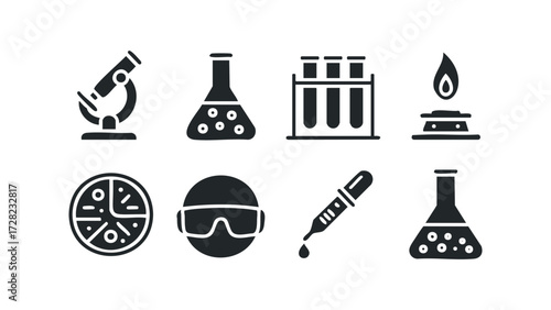Collection of scientific laboratory equipment icons. Vector hand drawn illustration