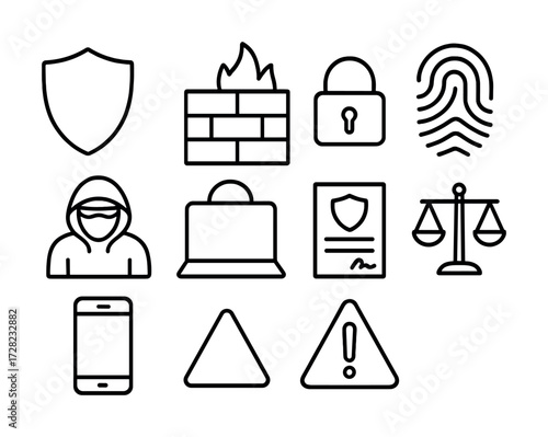Cybersecurity icons: shield, firewall, lock, fingerprint, hacker, laptop, badge, scales, smartphone, caution