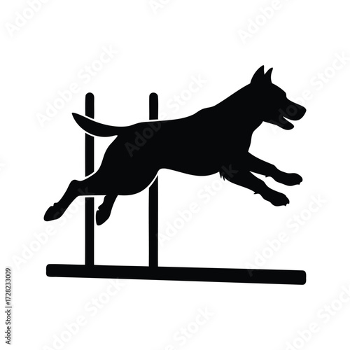 Silhouette of a dog jumping over an agility hurdle in black and white, dog in agility competition silhouette vector illustration