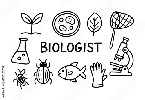 Biologist tools and symbols: microscope, beaker, insect, fish, leaf, plant, petri dish