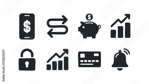 Financial icons for mobile banking and investment growth. Vector hand drawn illustration