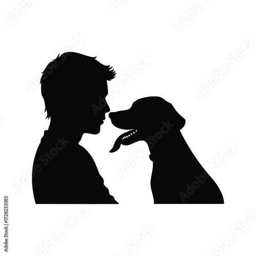 Silhouette of a Young Man Bonding with His Loyal Dog Friend, dog licking owner silhouette vector illustration