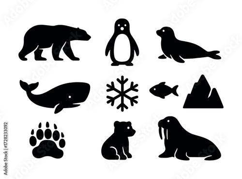 Silhouette icons of arctic animals and symbols including bear, penguin, whale, and snowflake