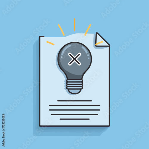 新しい発想の欠如やプロジェクトの行き詰まりを示す、書類とバツ印の電球が描かれた概念的なベクターアート。