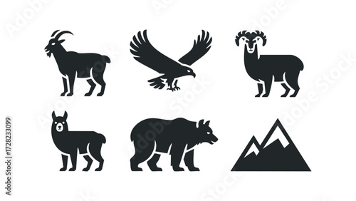 Collection of silhouette animals and mountain range. Vector hand drawn illustration
