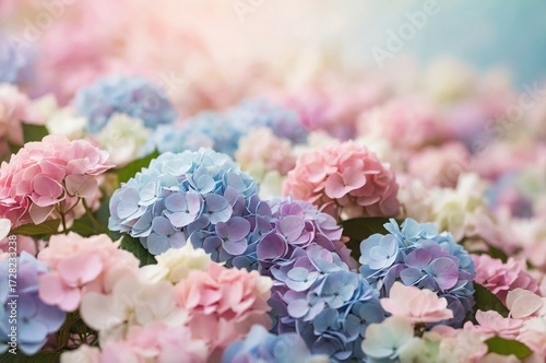 bouquet of pink flowers, Clusters of vibrant hydrangeas (Hydrangea macrophylla) display a mix of pastel pink, blue, and lavender hues. 