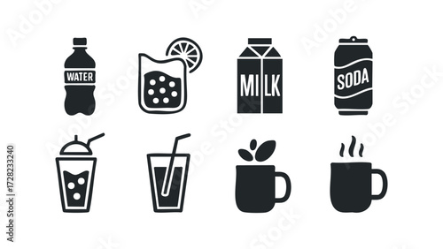Beverage icons including water bottle soda can milk carton and drinks. Vector hand drawn illustration