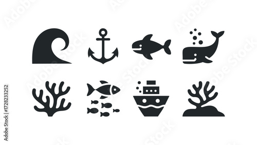 Oceanic life and nautical icons collection. Vector hand drawn illustration