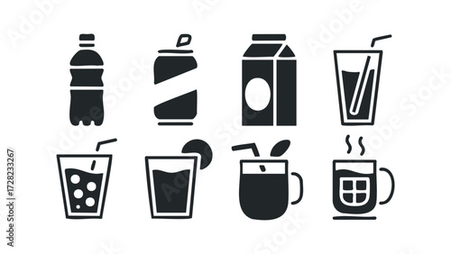 Collection of beverage icons including bottle, can, carton, and glasses. Vector hand drawn illustration
