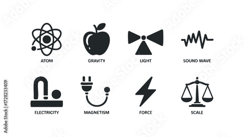 Collection of physics and science concept icons. Vector hand drawn illustration