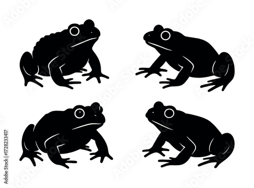 Silhouette of four frogs in various poses on white background