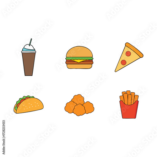 Vector illustration set of fast food icons and symbols for burger, pizza, sandwich, drink, coffee, tea, cake, and breakfast menus