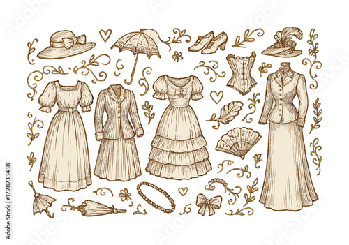 Vintage victorian fashion collection with dresses and accessories