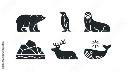 Polar bear penguin walrus ice iceberg reindeer and whale set. Vector hand drawn illustration