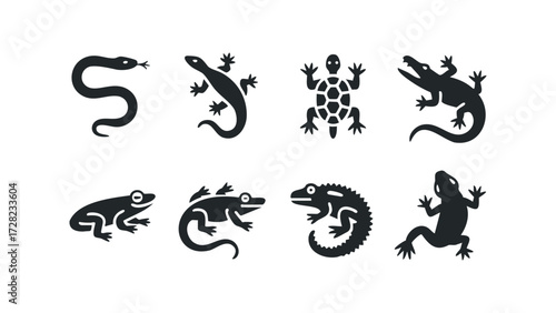 Collection of eight black reptile and amphibian silhouettes. Vector hand drawn illustration