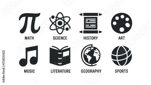 Collection of academic and extracurricular subject icons. Vector hand drawn illustration
